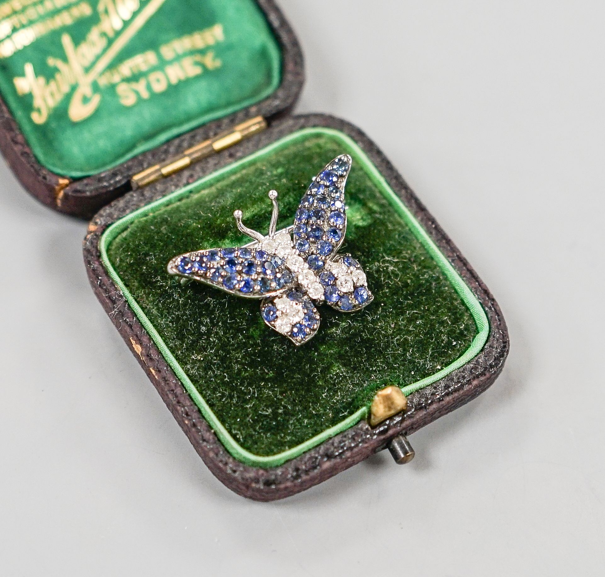 A modern 18ctwhite gold, pave set sapphire and diamond set butterfly brooch, 25mm, gross weight 4.5 grams.
